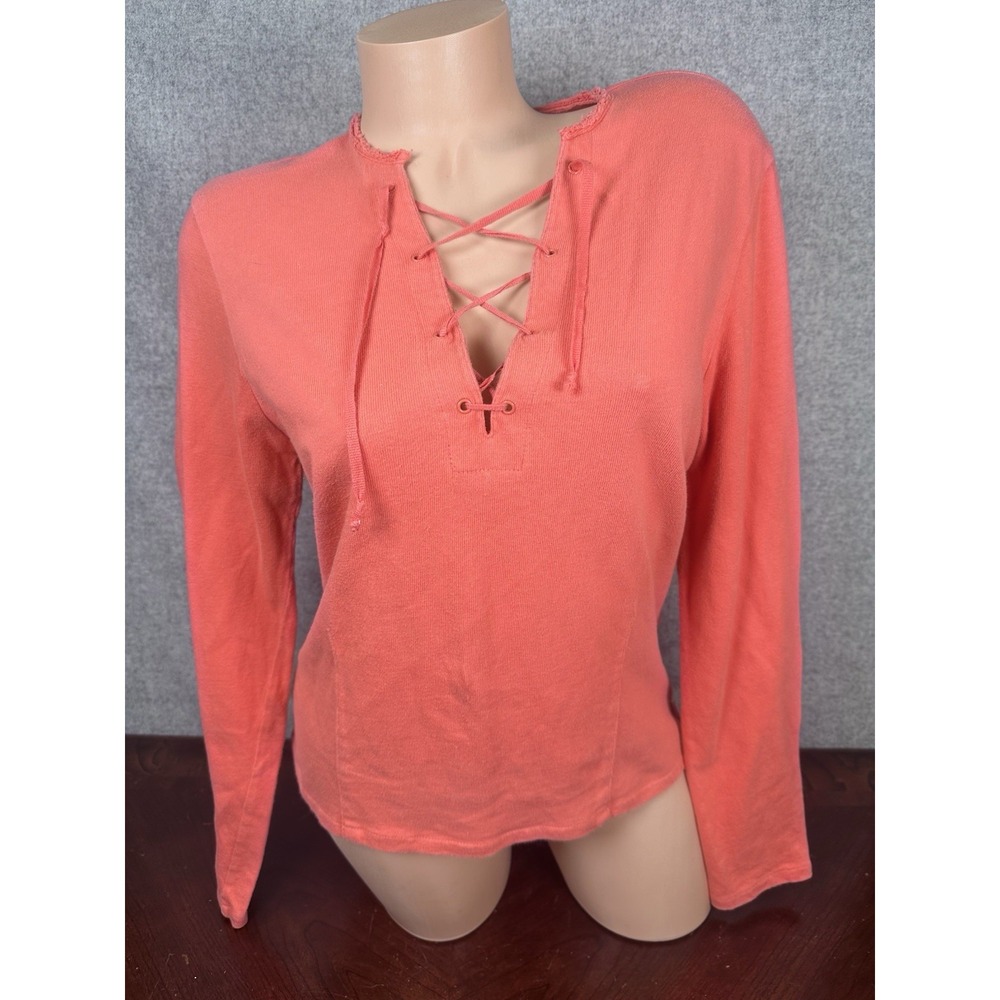 Vintage Y2K Large Calvin Klein Womens Long Sleeve Top Orange‎ Tie Neck Cotton